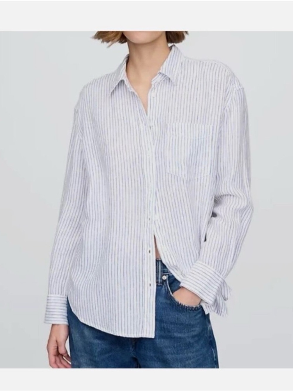 GAP 100% Linen Relaxed Button Down Shirt-White with Blue Stripes